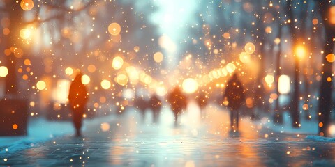 Naklejka premium Abstract blurred bokeh lights illuminating snow-covered urban streets, creating a peaceful and magical winter scene, style book illustration