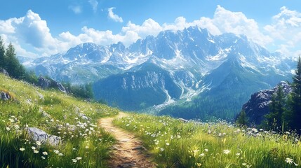 Obraz premium Stunning mountain landscape with snow capped peaks and lush meadows on a sunny day