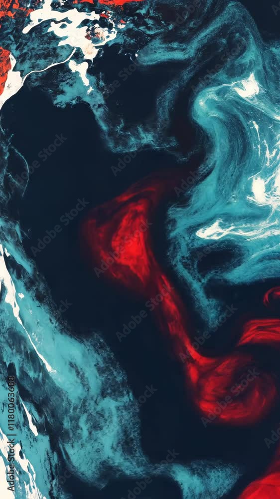 Poster abstract representation of ocean waves with striking red and teal colors captivating the viewer