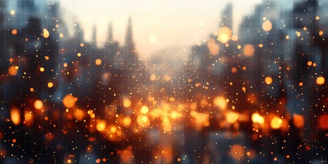 Obraz premium Abstract blurred bokeh lights illuminating snow-covered urban streets, creating a peaceful and magical winter scene, style book illustration
