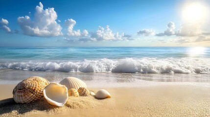 A photo of a calm beach with soft waves and seashells scattered on the sand.