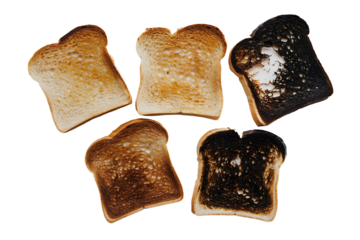 Five slices of toasted bread in different stages