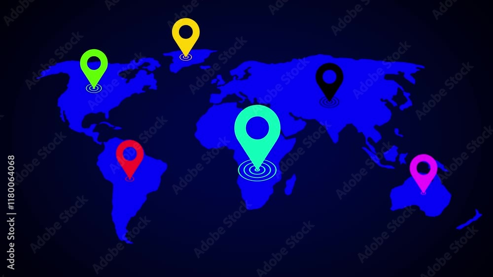 Poster world map with global technology or social connection network with location concept, animation 4k vi