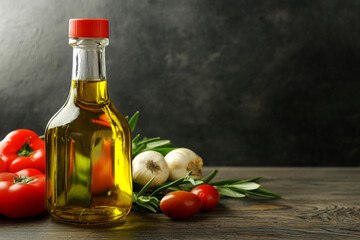 Fresh olive oil and vibrant vegetables on a table