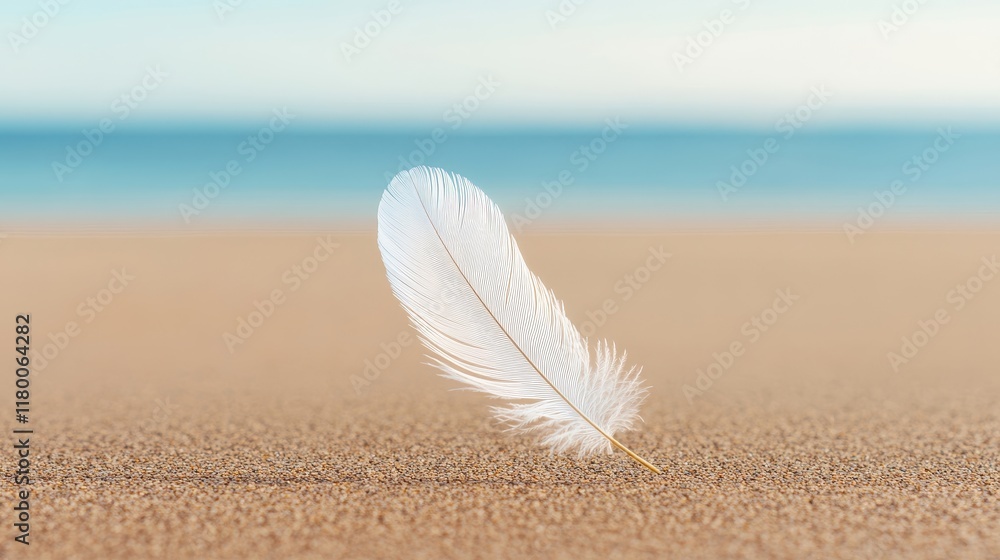 Poster Delicate White Feather Resting on Smooth Sandy Beach Under Bright Sky with Gentle Ocean Waves in the Background Creating a Serene and Peaceful Atmosphere