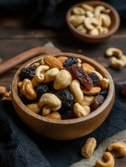 Fototapeta premium Close-up view of a wooden bowl filled with a mix of almonds, cashews, and raisins, a healthy and delicious snack.