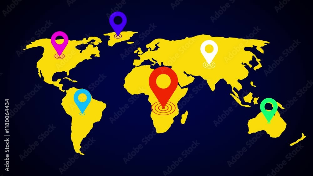 Poster world map with global technology or social connection network with location concept, animation 4k vi