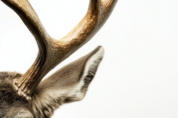 Close-up of a deer's antler and ear, showcasing its texture and fur.