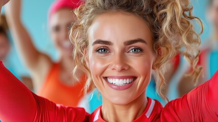 Fitness instructor demonstrates an engaging exercise session in a vibrant gym with enthusiastic participants