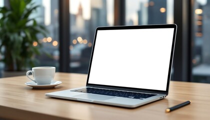 Fototapeta premium Laptop with blank screen on wooden desk in city office. Coffee cup and pen nearby. Urban view through window. Remote work setup with copy space for design or text