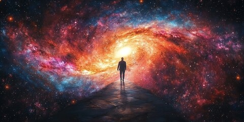 A mesmerizing scene of a person walking toward a vibrant galaxy surrounded by mystical clouds and twinkling stars. Ideal for fantasy, exploration, and cosmic-themed projects