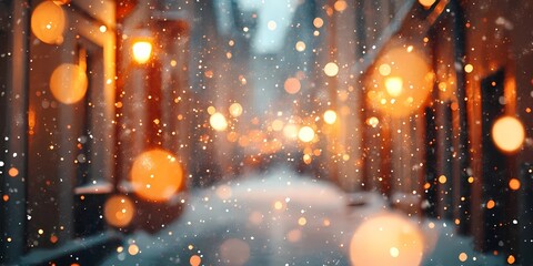 Blurred golden city lights glowing faintly on snowy streets, creating a serene and abstract winter urban background, style book illustration