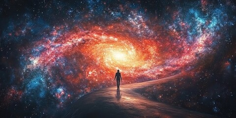 A mesmerizing scene of a person walking toward a vibrant galaxy surrounded by mystical clouds and twinkling stars. Ideal for fantasy, exploration, and cosmic-themed projects