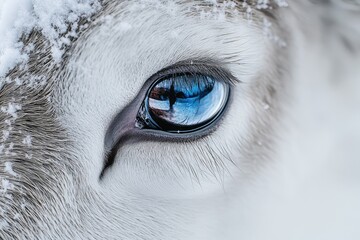 Close-up of a reindeer's bright blue eye, covered in snowflakes, showcasing winter's beauty.