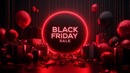 A Black Friday sale design with a neon light effect, balloons, gifts, and bold typography on a dark background.