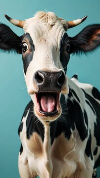 A funny cow expressing shock, looking at camera with opened mouth in amazement against a blue backdrop