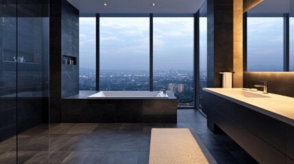 Fototapeta premium A modern bathroom featuring large windows with a stunning city view, sleek fixtures, and a minimalist design, creating a serene and luxurious atmosphere.