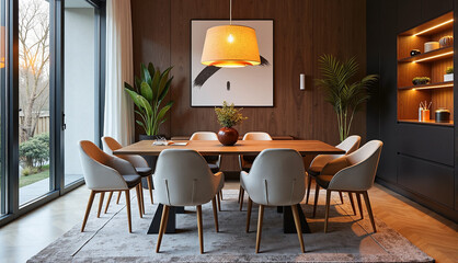 Modern dining room with stylish furniture and warm lighting