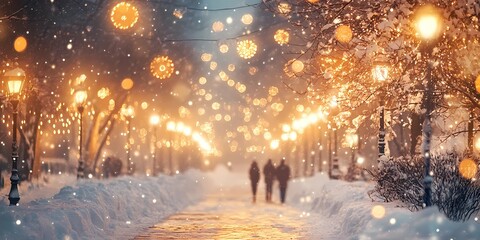 Blurred golden city lights glowing faintly on snowy streets, creating a serene and abstract winter urban background, style book illustration