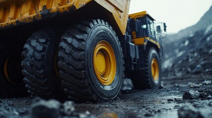 Close-up of a large yellow dump truck tire on a muddy surface, highlighting the rugged texture and details of the machinery