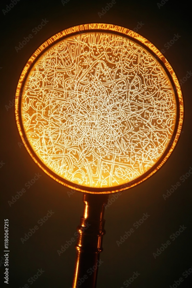 Poster close-up of magnifying glass revealing intricate patterns within glowing surface symbolizing discove