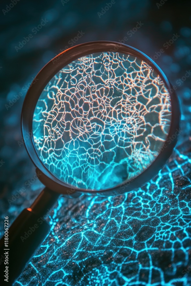 Poster close-up of magnifying glass revealing intricate patterns within glowing surface symbolizing discove