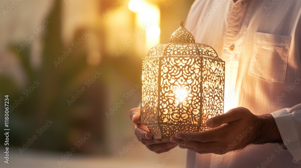 Poster close-up of man holding decorative lantern with intricate patterns in softly lit room