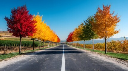 Stunning Autumn Road Through Vibrant Vineyard Landscape