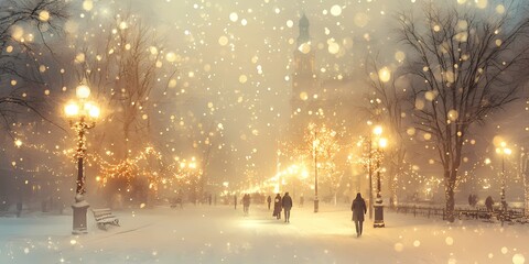 Fototapeta premium Blurred golden city lights glowing faintly on snowy streets, creating a serene and abstract winter urban background, style book illustration