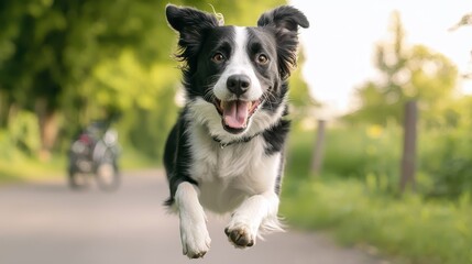 Fototapeta premium A happy dog joyfully runs down a scenic path, surrounded by greenery, showcasing its playful spirit and love for the outdoors.