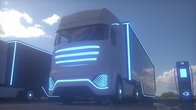 Electric semi truck with cargo trailer charging at loading docks