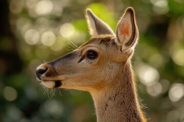 A young deer's profile, illuminated by sunlight, displays its delicate features and soft fur against a bokeh background.