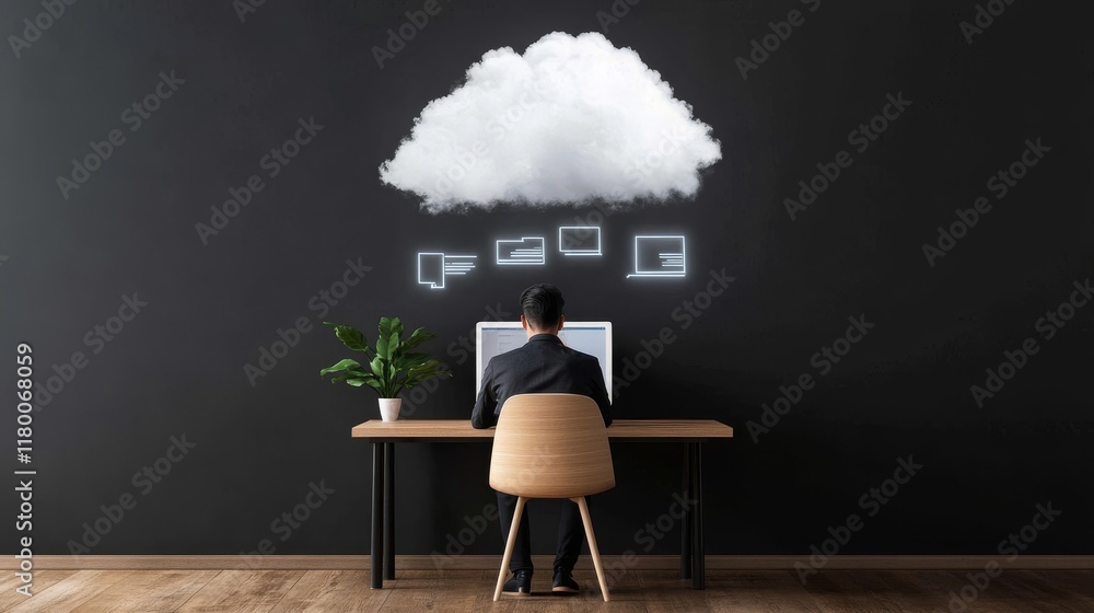 Aufkleber professional sitting at desk in modern office space, working on computer with cloud technology graph