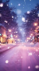 Blurred golden city lights glowing faintly on snowy streets, creating a serene and abstract winter urban background, style book illustration