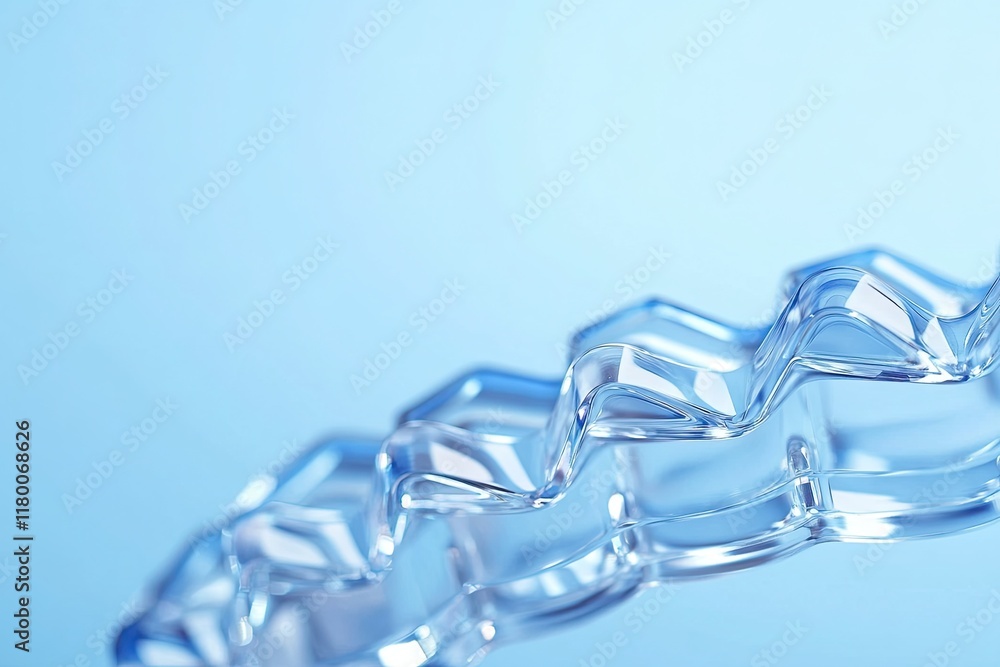 Poster detailed close-up of clear aligners on solid blue background with their smooth edges illuminated