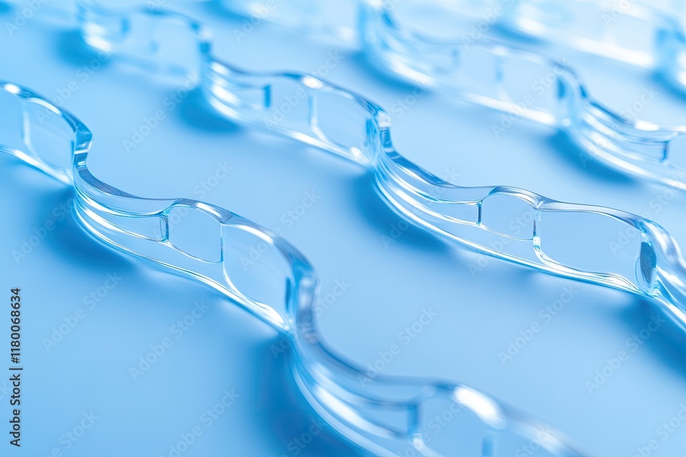 Poster detailed close-up of clear aligners on solid blue background with their smooth edges illuminated