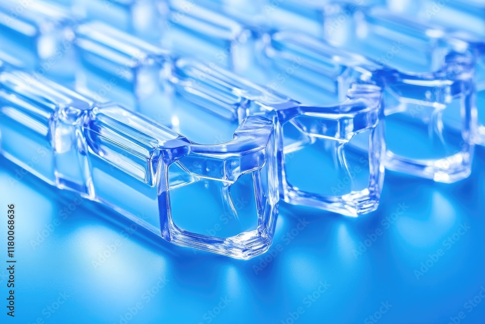 Poster detailed close-up of clear aligners on solid blue background with their smooth edges illuminated
