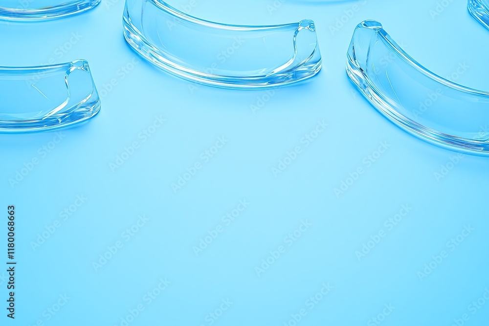 Poster detailed close-up of clear aligners on solid blue background with their smooth edges illuminated