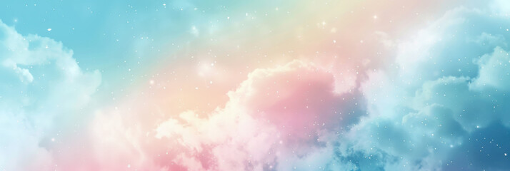Dreamy Pastel Horizon: Abstract Sky with Gentle Clouds and Stars in Blue, Yellow, Pink Tones for Posters and Banners