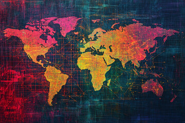 Obraz premium Colorful world map design with creative digital patterns showcasing global connectivity and topography details. Generative AI