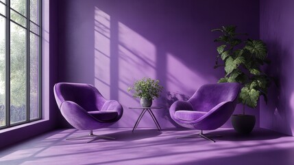 Two purple velvet armchairs face each other in a purple room with a window and plants.