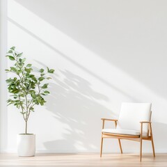Bright and Serene Living Space Featuring Minimalist White Chair and Lush Green Potted Plant Against a Calm Wall Background