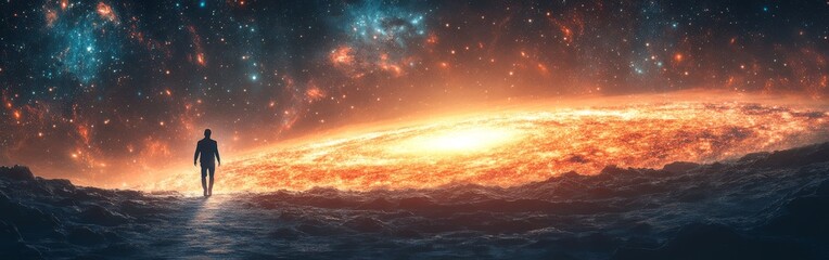 Fototapeta premium A mesmerizing scene of a person walking toward a vibrant galaxy surrounded by mystical clouds and twinkling stars. Ideal for fantasy, exploration, and cosmic-themed projects