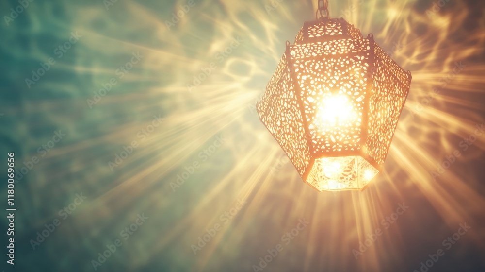 Poster glowing lantern hanging mid-air with intricate patterns casting dynamic light beams on dark pastel b