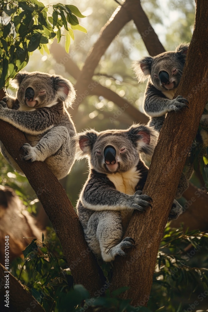 Poster group of koalas resting in trees in wildlife sanctuary with soft sunlight filtering through leaves