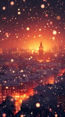 Obraz premium Abstract blurred bokeh lights illuminating snow-covered urban streets, creating a peaceful and magical winter scene, style book illustration