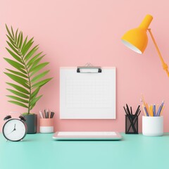 Modern Workspace with Green Plant, Clock, and Colorful Desk Accessories Against a Soft Pink Wall for a Refreshing Productivity Ambiance