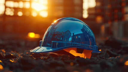 A blue safety helmet or hardhat for the construction worker which is placed on the ground of construction working site, image applied with orange sunlight flare. Generative Ai image.