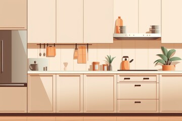 Beige kitchen interior with cooking utensils, plants, and sunlight creating a cozy and inviting atmosphere