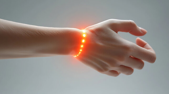 Hand with illuminated joint area, signifying pain from rheumatoid arthritis 